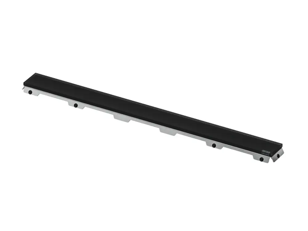 Schwarze, matte Glasabdeckung von TECE, längliche Form mit seitlichen Aussparungen und Befestigungslöchern.